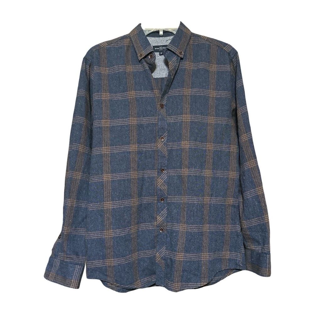 Rue Saint Patrick Men’s Plaid Button Up Shirt Long Sleeve Blue Brown Size S